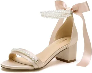 Block Heel Wedding Sandals, Pearl Embellished Ankle Strap, Low Heel Bridal Shoes for Women, Size EU 36-41