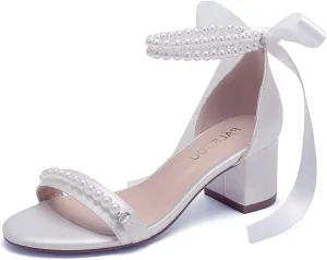Block Heel Wedding Sandals, Pearl Embellished Ankle Strap, Low Heel Bridal Shoes for Women, Size EU 36-41
