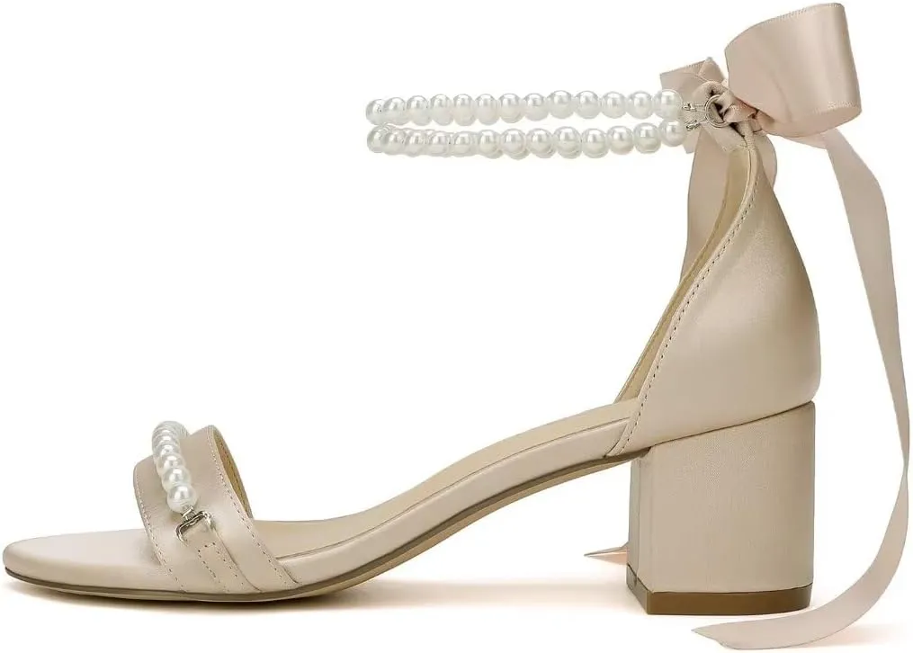 Block Heel Wedding Sandals, Pearl Embellished Ankle Strap, Low Heel Bridal Shoes for Women, Size EU 36-41
