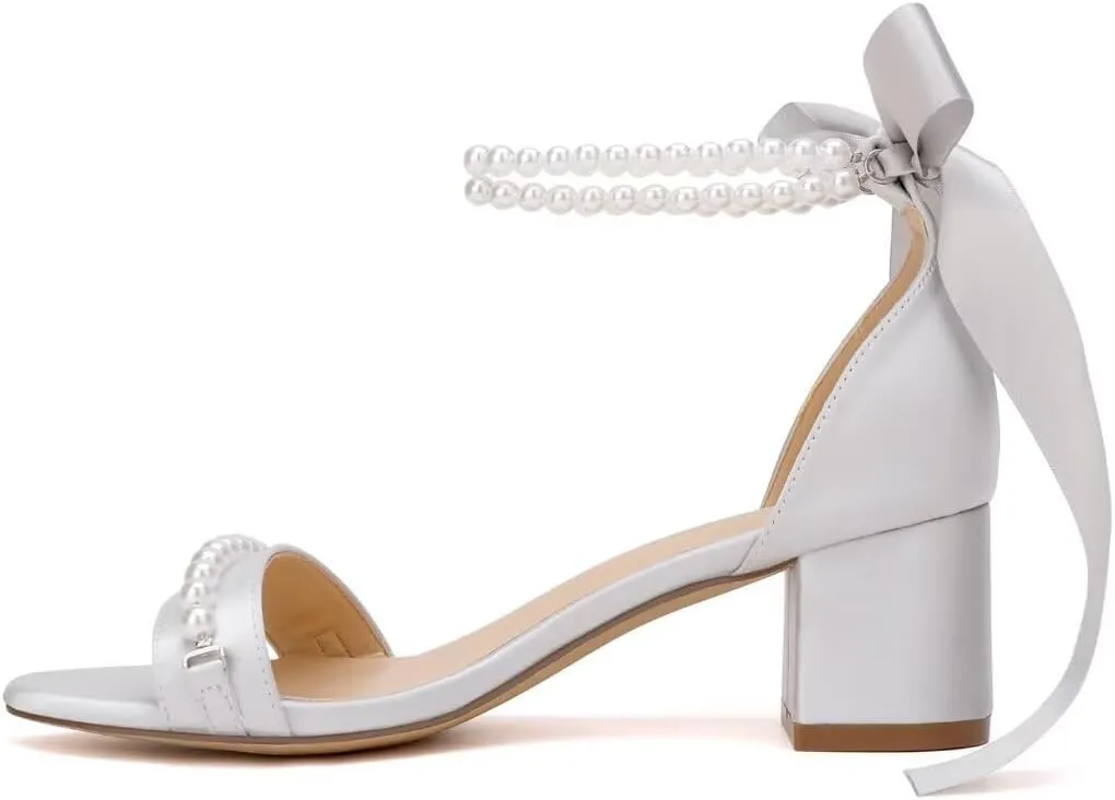 Block Heel Wedding Sandals, Pearl Embellished Ankle Strap, Low Heel Bridal Shoes for Women, Size EU 36-41