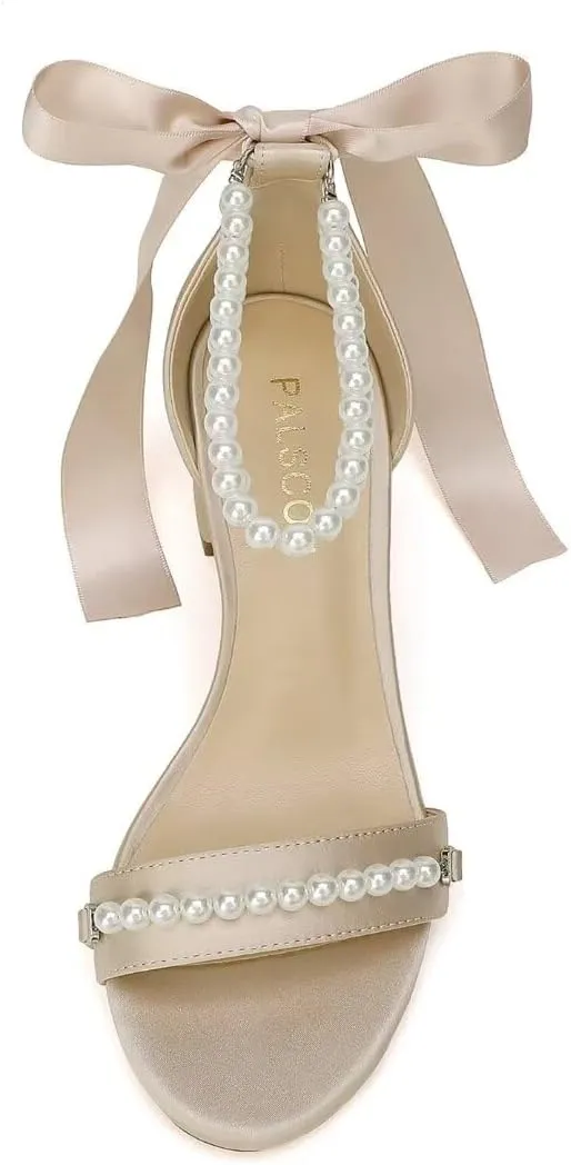 Block Heel Wedding Sandals, Pearl Embellished Ankle Strap, Low Heel Bridal Shoes for Women, Size EU 36-41