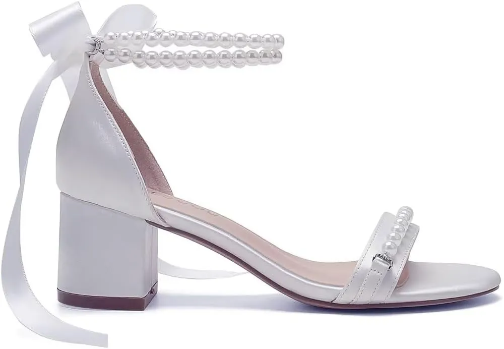 Block Heel Wedding Sandals, Pearl Embellished Ankle Strap, Low Heel Bridal Shoes for Women, Size EU 36-41