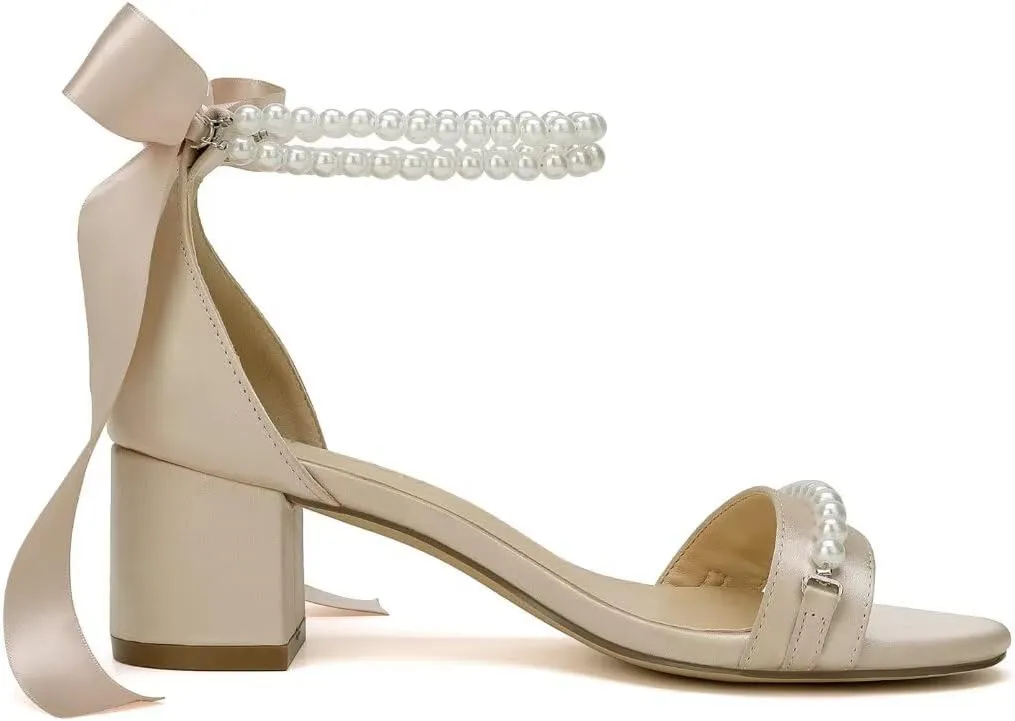 Block Heel Wedding Sandals, Pearl Embellished Ankle Strap, Low Heel Bridal Shoes for Women, Size EU 36-41