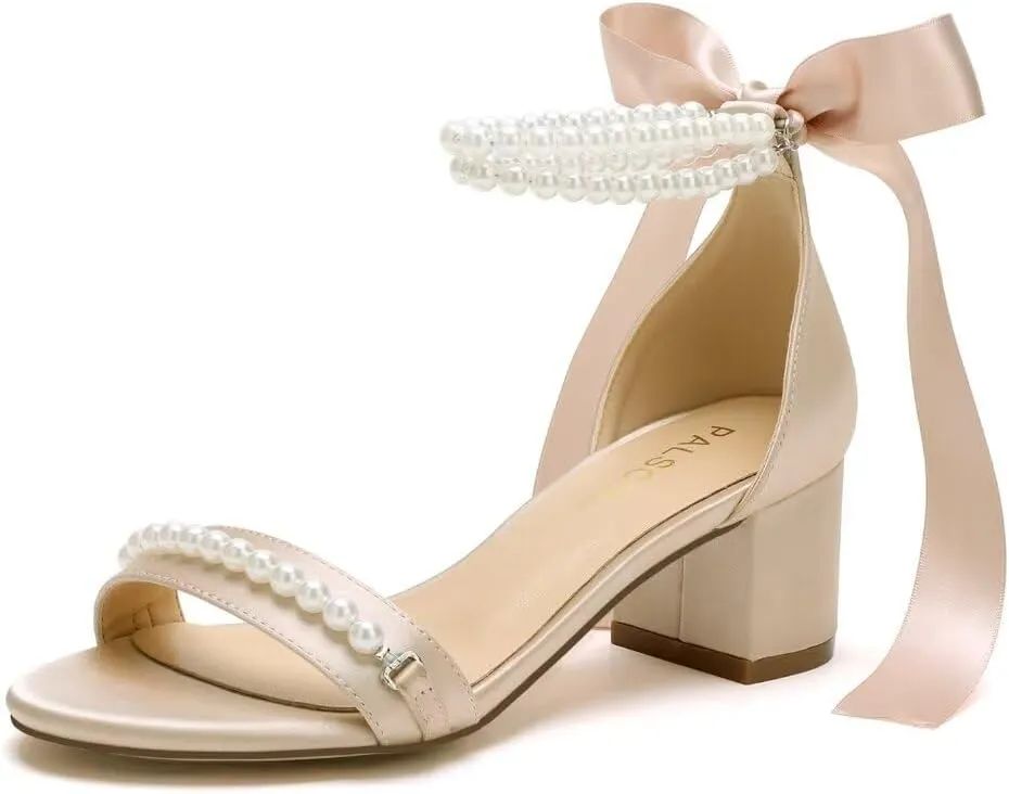 Block Heel Wedding Sandals, Pearl Embellished Ankle Strap, Low Heel Bridal Shoes for Women, Size EU 36-41