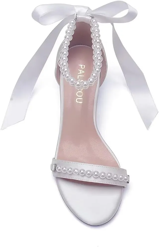 Block Heel Wedding Sandals, Pearl Embellished Ankle Strap, Low Heel Bridal Shoes for Women, Size EU 36-41