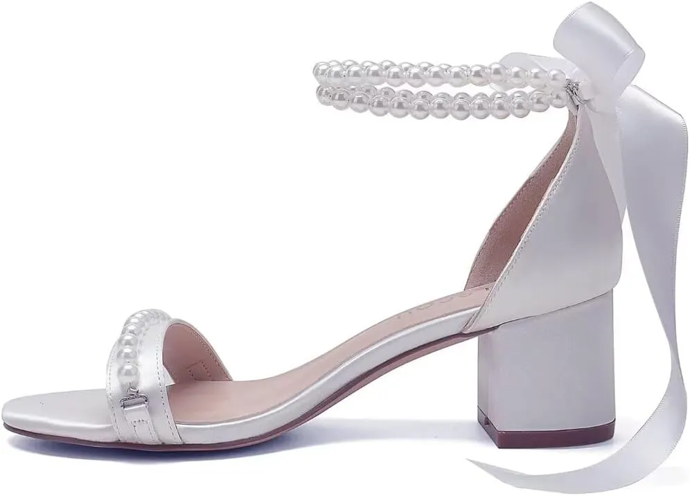 Block Heel Wedding Sandals, Pearl Embellished Ankle Strap, Low Heel Bridal Shoes for Women, Size EU 36-41