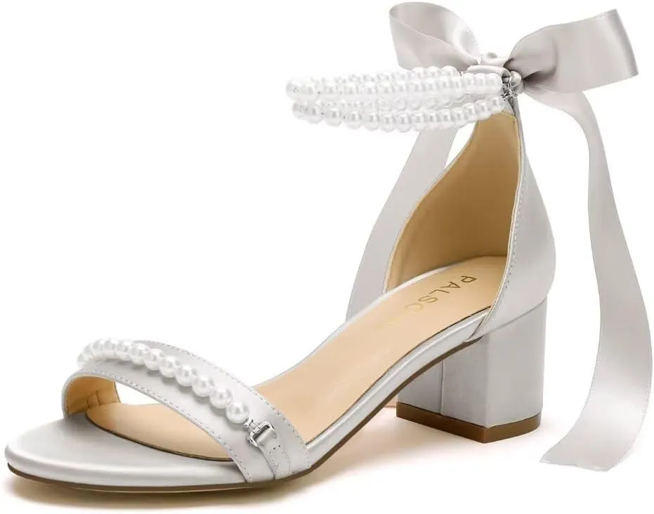 Block Heel Wedding Sandals, Pearl Embellished Ankle Strap, Low Heel Bridal Shoes for Women, Size EU 36-41