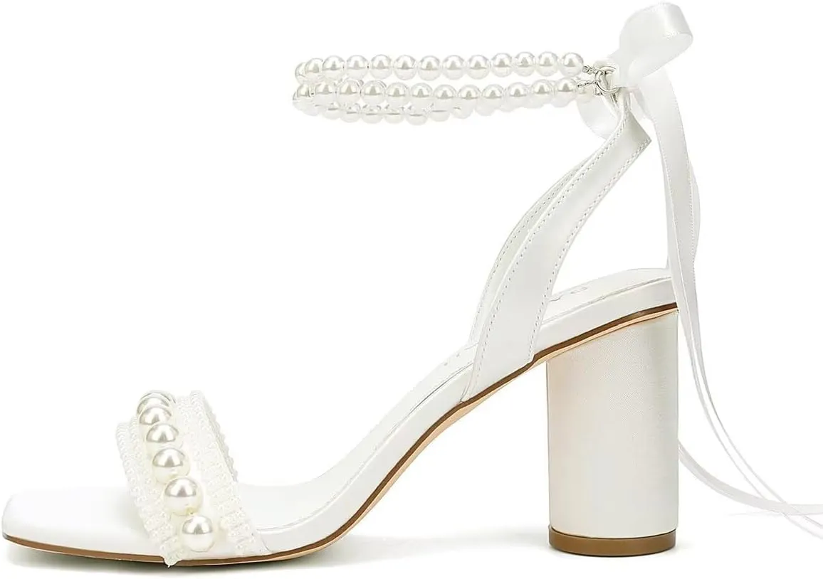 Block Heel Wedding Sandals Pearl Heels Wedding Shoes for Bride Open Toe Bridal Shoes