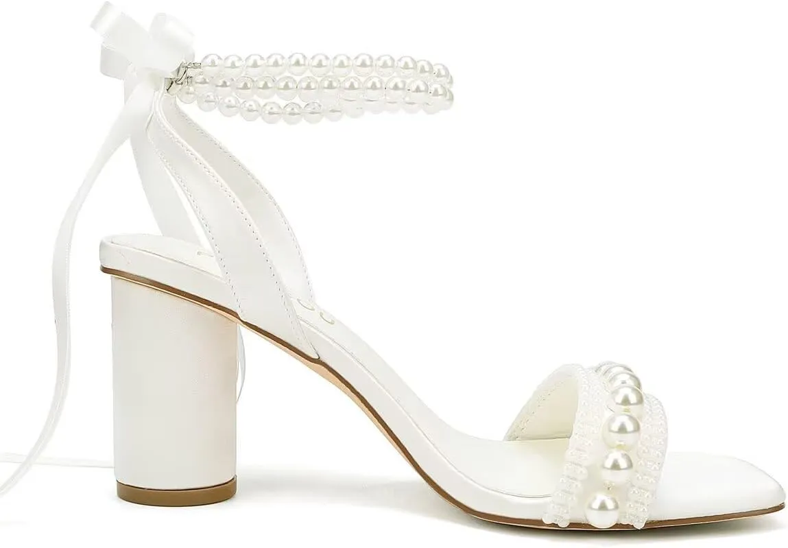 Block Heel Wedding Sandals Pearl Heels Wedding Shoes for Bride Open Toe Bridal Shoes