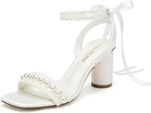 Block Heel Wedding Sandals Pearl Heels Wedding Shoes for Bride Open Toe Bridal Shoes