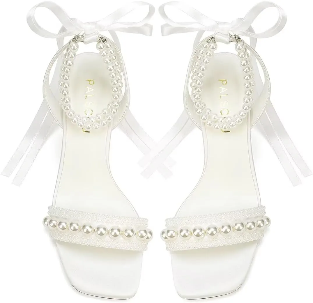Block Heel Wedding Sandals Pearl Heels Wedding Shoes for Bride Open Toe Bridal Shoes