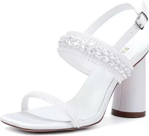 Block Heel Wedding Sandals Pearl Wedding Shoes for Bride Open Toe Bridal Heels