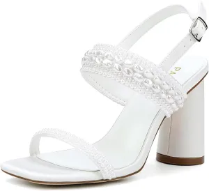 Block Heel Wedding Sandals Pearl Wedding Shoes for Bride Open Toe Bridal Heels