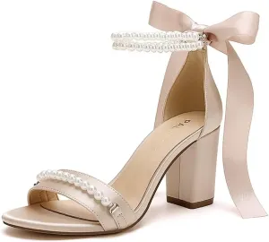 Block Heel Wedding Sandals Pearl Wedding Shoes for Bride Open Toe Bridal Shoes Chunky Heel Sandals