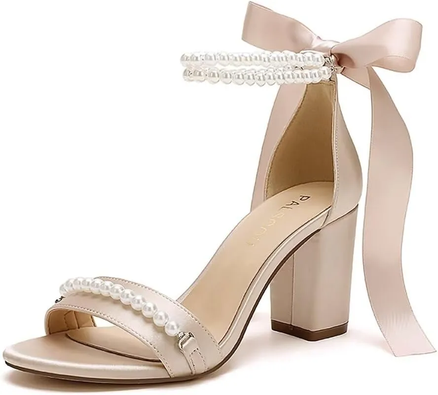 Block Heel Wedding Sandals Pearl Wedding Shoes for Bride Open Toe Bridal Shoes Chunky Heel Sandals