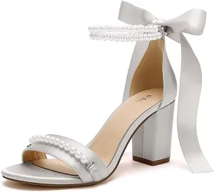 Block Heel Wedding Sandals Pearl Wedding Shoes for Bride Open Toe Bridal Shoes Chunky Heel Sandals