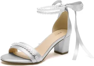 Block Heel Wedding Sandals Pearl Wedding Shoes for Bride Open Toe Bridal Shoes Chunky Heel Sandals