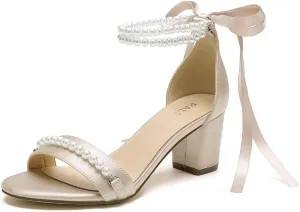 Block Heel Wedding Sandals Pearl Wedding Shoes for Bride Open Toe Bridal Shoes Chunky Heel Sandals