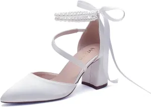 Block Heel Wedding Shoes for Bride Closed Toe Pearl Bridal Shoes Wedding Chunky Heels