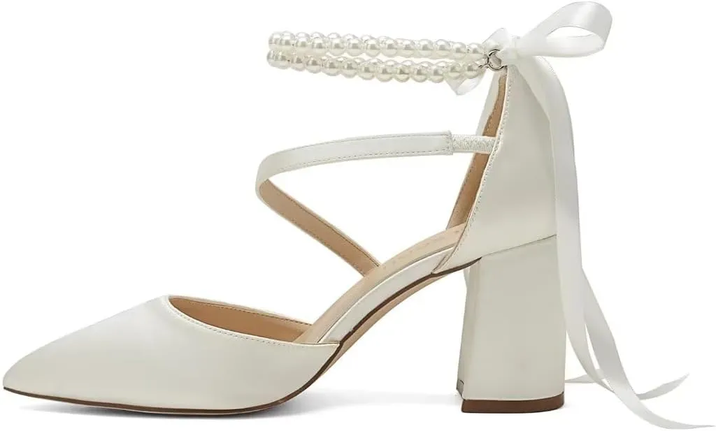 Block Heel Wedding Shoes for Bride Closed Toe Pearl Bridal Shoes Wedding Chunky Heels