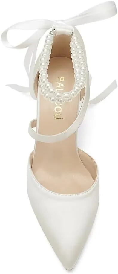 Block Heel Wedding Shoes for Bride Closed Toe Pearl Bridal Shoes Wedding Chunky Heels