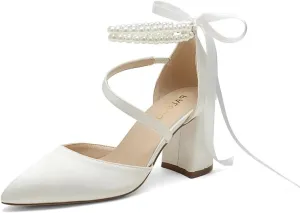 Block Heel Wedding Shoes for Bride Closed Toe Pearl Bridal Shoes Wedding Chunky Heels