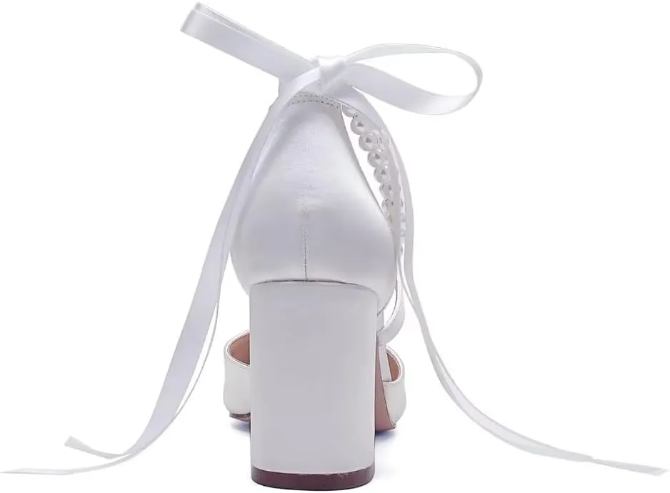 Block Heel Wedding Shoes for Bride Closed Toe Pearl Bridal Shoes Wedding Chunky Heels