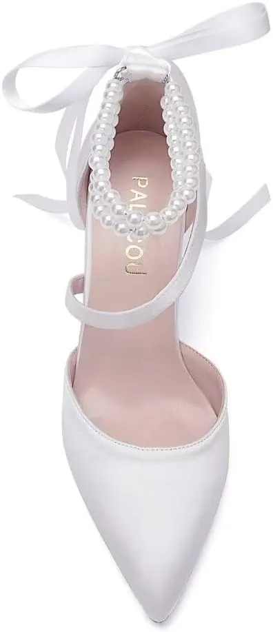 Block Heel Wedding Shoes for Bride Closed Toe Pearl Bridal Shoes Wedding Chunky Heels