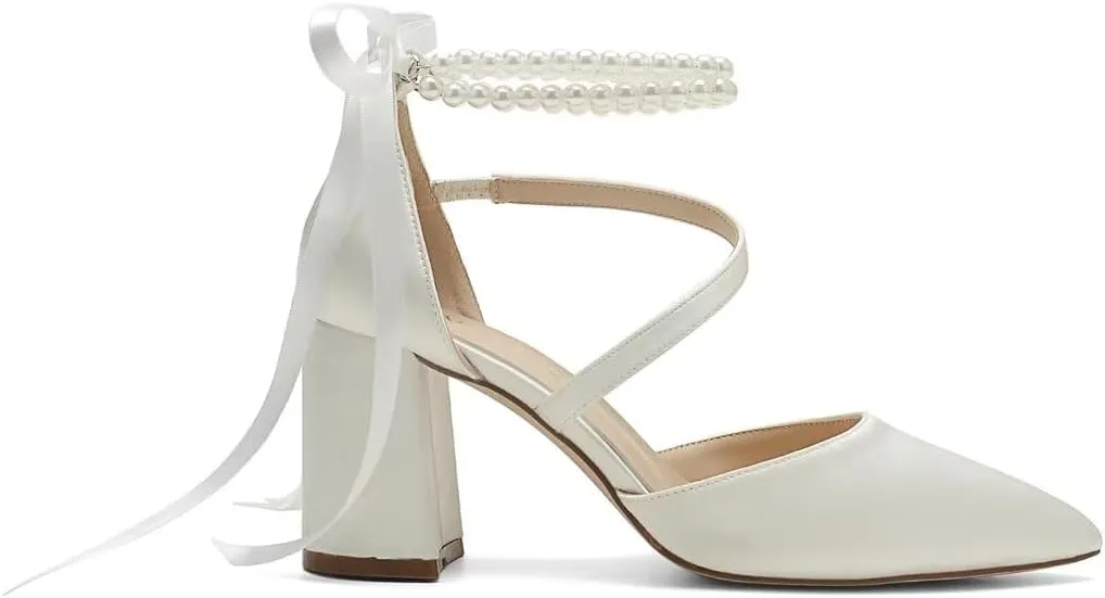 Block Heel Wedding Shoes for Bride Closed Toe Pearl Bridal Shoes Wedding Chunky Heels