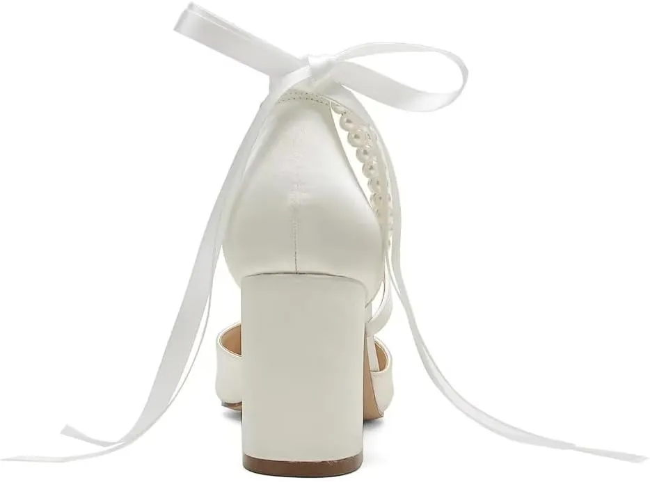 Block Heel Wedding Shoes for Bride Closed Toe Pearl Bridal Shoes Wedding Chunky Heels