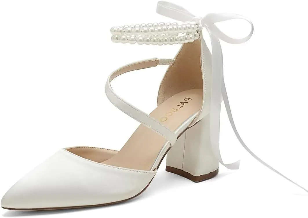 Block Heel Wedding Shoes for Bride Closed Toe Pearl Bridal Shoes Wedding Chunky Heels