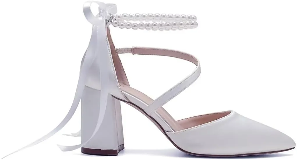 Block Heel Wedding Shoes for Bride Closed Toe Pearl Bridal Shoes Wedding Chunky Heels