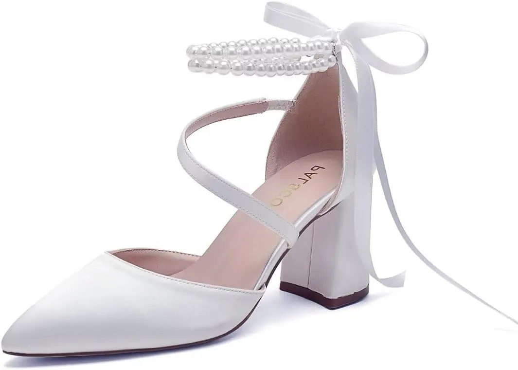 Block Heel Wedding Shoes for Bride Closed Toe Pearl Bridal Shoes Wedding Chunky Heels