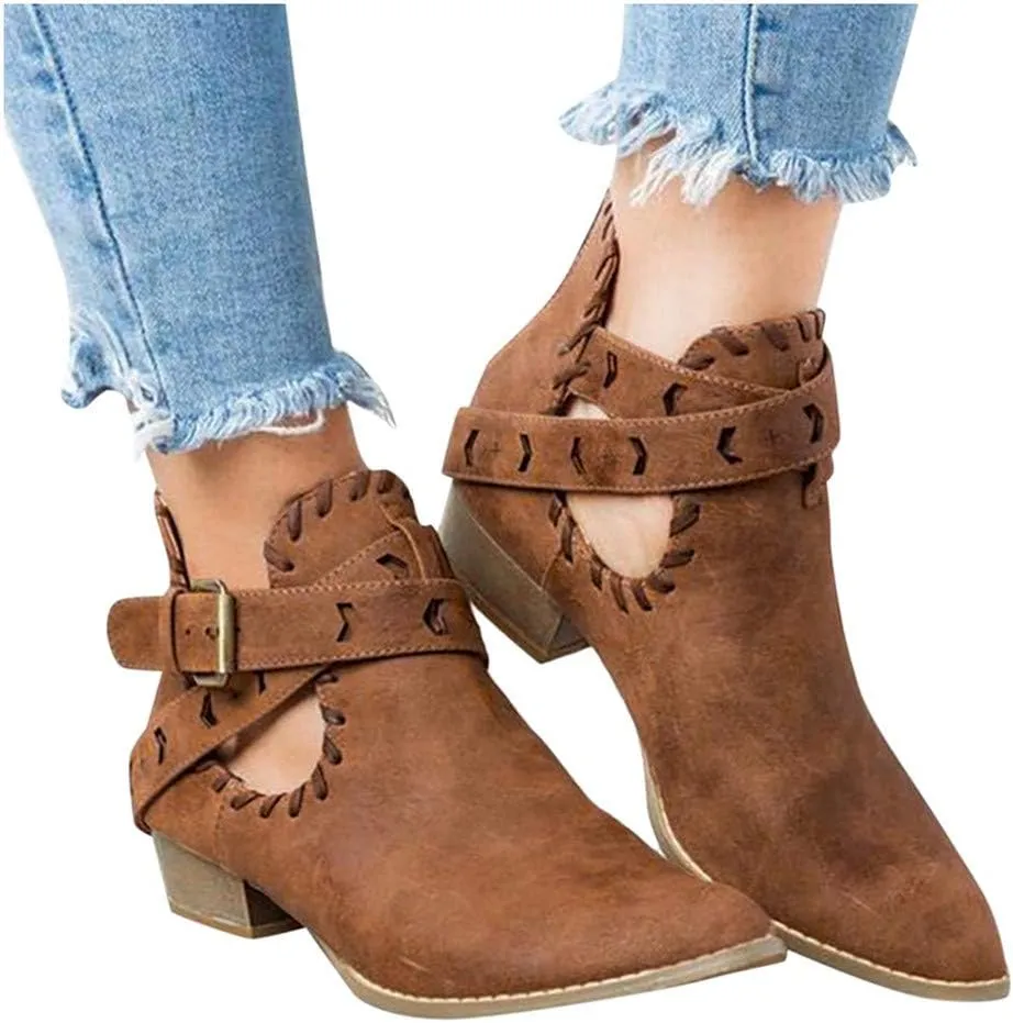 Booties for Women Flat,Womens Ruffled Ankle Boots Low Chunky Block Stacked Heel Boots Slip On Pointed Toe Western Shoes