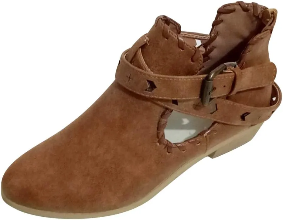 Booties for Women Flat,Womens Ruffled Ankle Boots Low Chunky Block Stacked Heel Boots Slip On Pointed Toe Western Shoes
