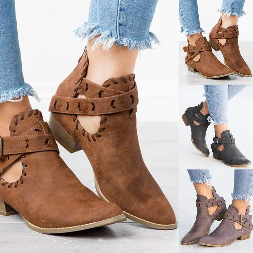 Booties for Women Flat,Womens Ruffled Ankle Boots Low Chunky Block Stacked Heel Boots Slip On Pointed Toe Western Shoes