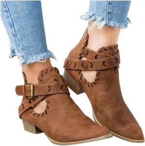 Booties for Women Flat,Womens Ruffled Ankle Boots Low Chunky Block Stacked Heel Boots Slip On Pointed Toe Western Shoes