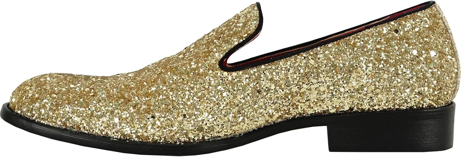 bravo! Men Dress Shoe Prom Slip on Loafer Tuxedo Shoe Classic Metallic Glitter for Wedding Prom Party Black Gold Silver