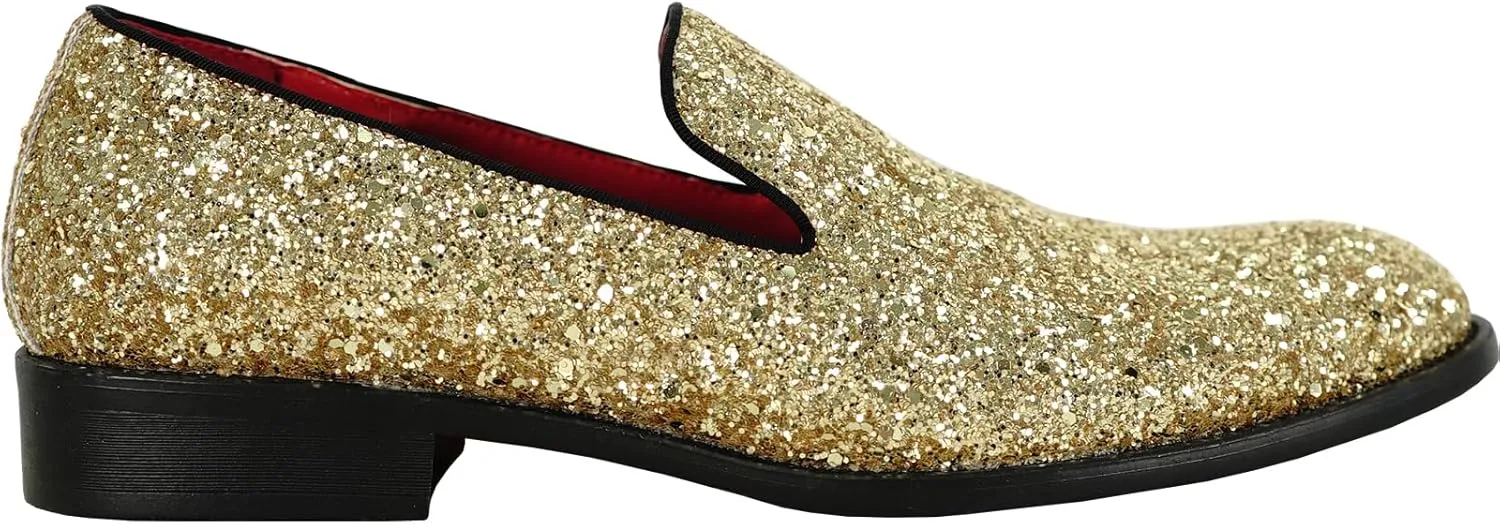 bravo! Men Dress Shoe Prom Slip on Loafer Tuxedo Shoe Classic Metallic Glitter for Wedding Prom Party Black Gold Silver