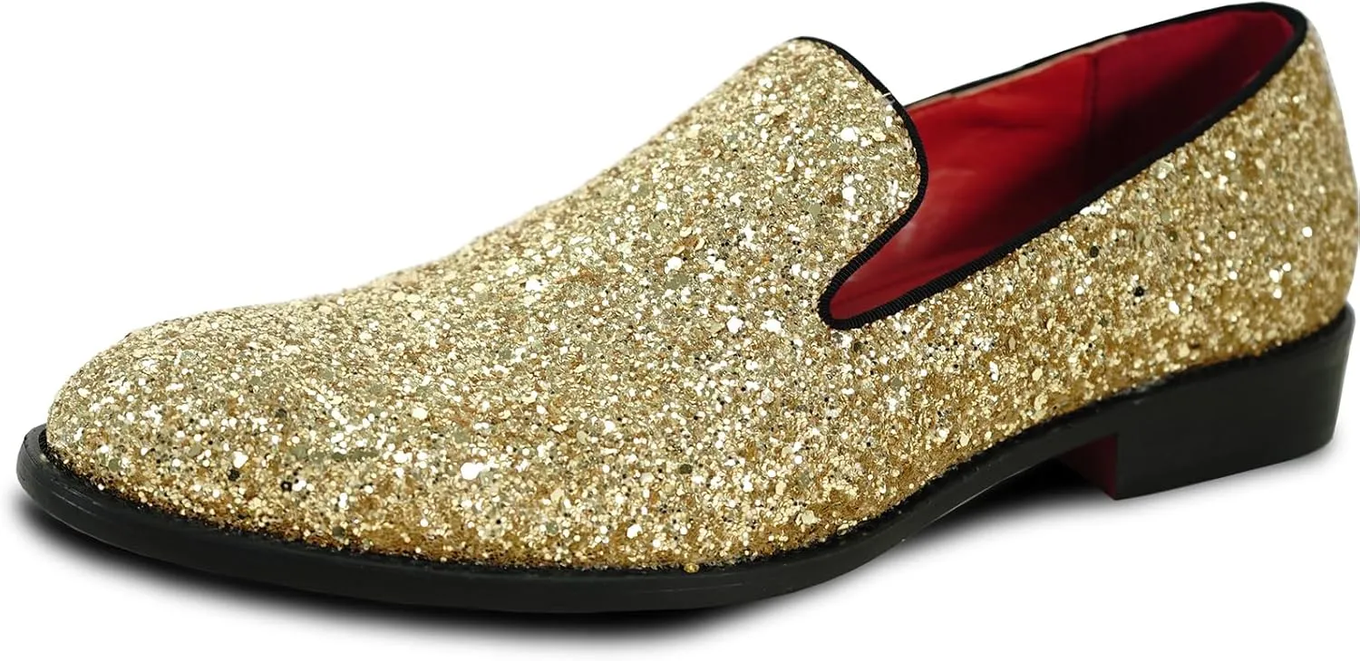bravo! Men Dress Shoe Prom Slip on Loafer Tuxedo Shoe Classic Metallic Glitter for Wedding Prom Party Black Gold Silver