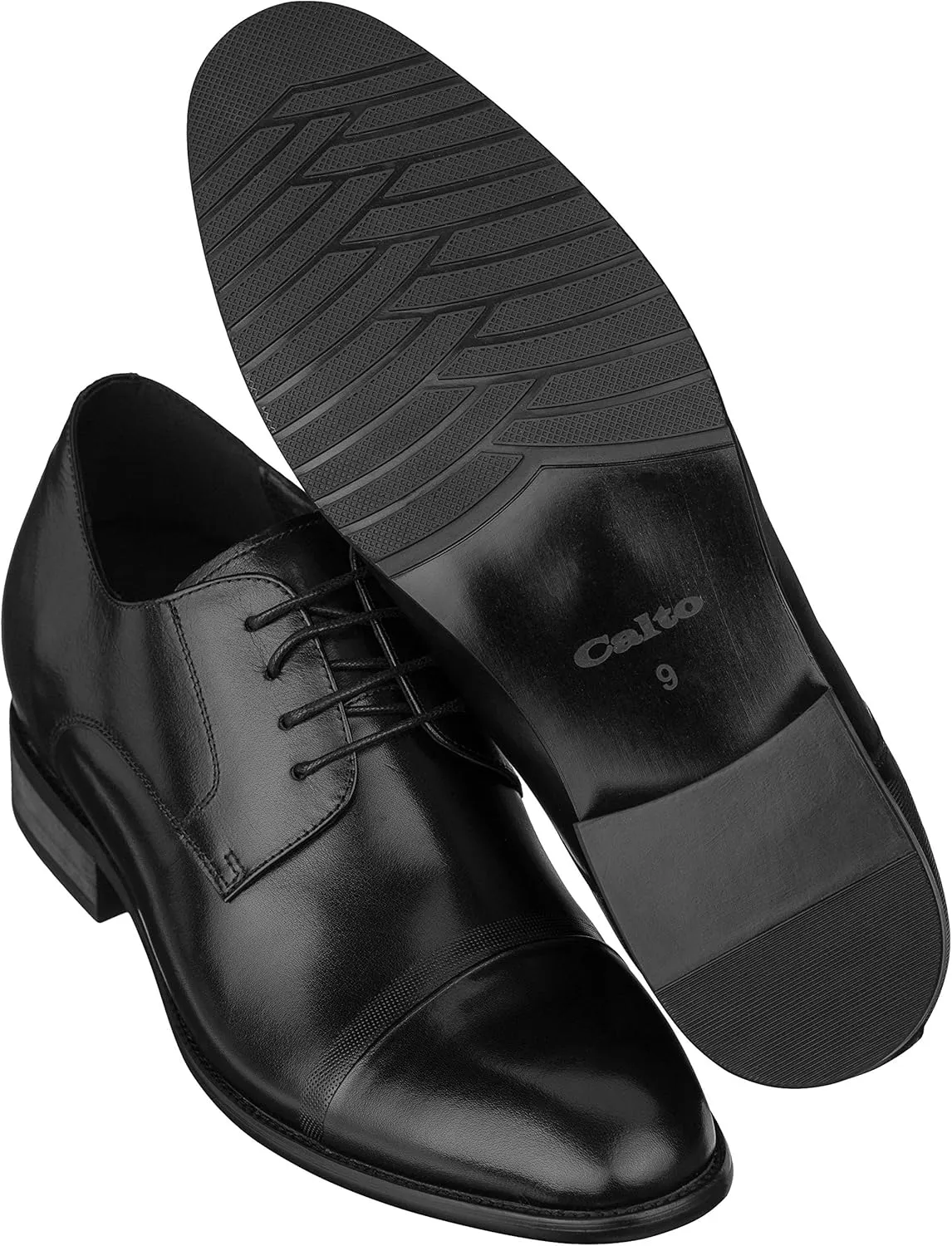 CALTO Men's Invisible Height Increasing Elevator Shoes - Black Premium Leather Lace-up Formal Oxfords - 3 Inches Taller - Y1004 - Size 8 D(M) US