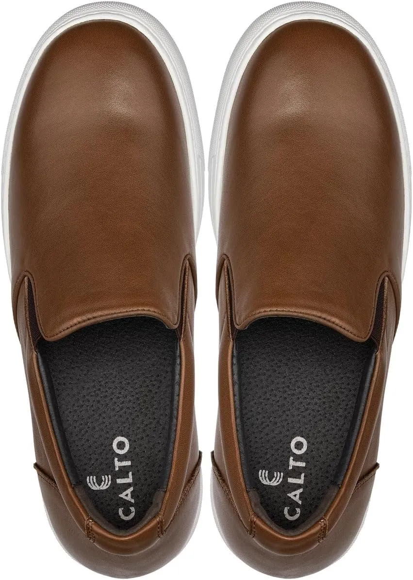 CALTO Men's Invisible Height Increasing Elevator Shoes - Coffee Brown Nappa Leather Slip-on Lightweight Casual Loafers - 2.6 Inches Taller - T1023- Size 9 D(M) US