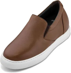 CALTO Men's Invisible Height Increasing Elevator Shoes - Coffee Brown Nappa Leather Slip-on Lightweight Casual Loafers - 2.6 Inches Taller - T1023- Size 9 D(M) US