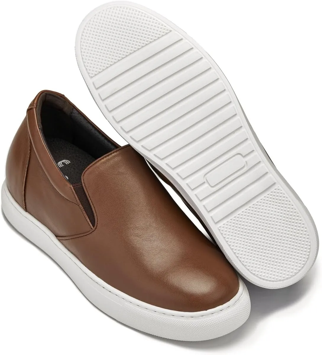 CALTO Men's Invisible Height Increasing Elevator Shoes - Coffee Brown Nappa Leather Slip-on Lightweight Casual Loafers - 2.6 Inches Taller - T1023- Size 9 D(M) US