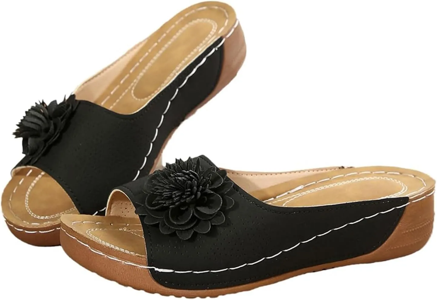 Chic Flowers Orthopedic Sandals for Women Arch Support Fish Mouth Open Toe Leather Slippers Wedge Platform Sandal