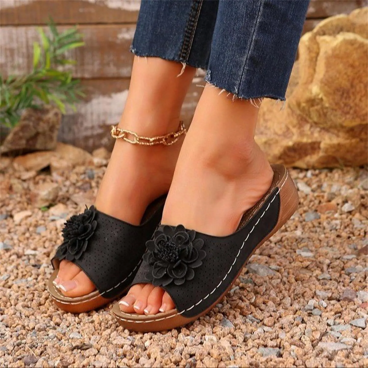 Chic Flowers Orthopedic Sandals for Women Arch Support Fish Mouth Open Toe Leather Slippers Wedge Platform Sandal