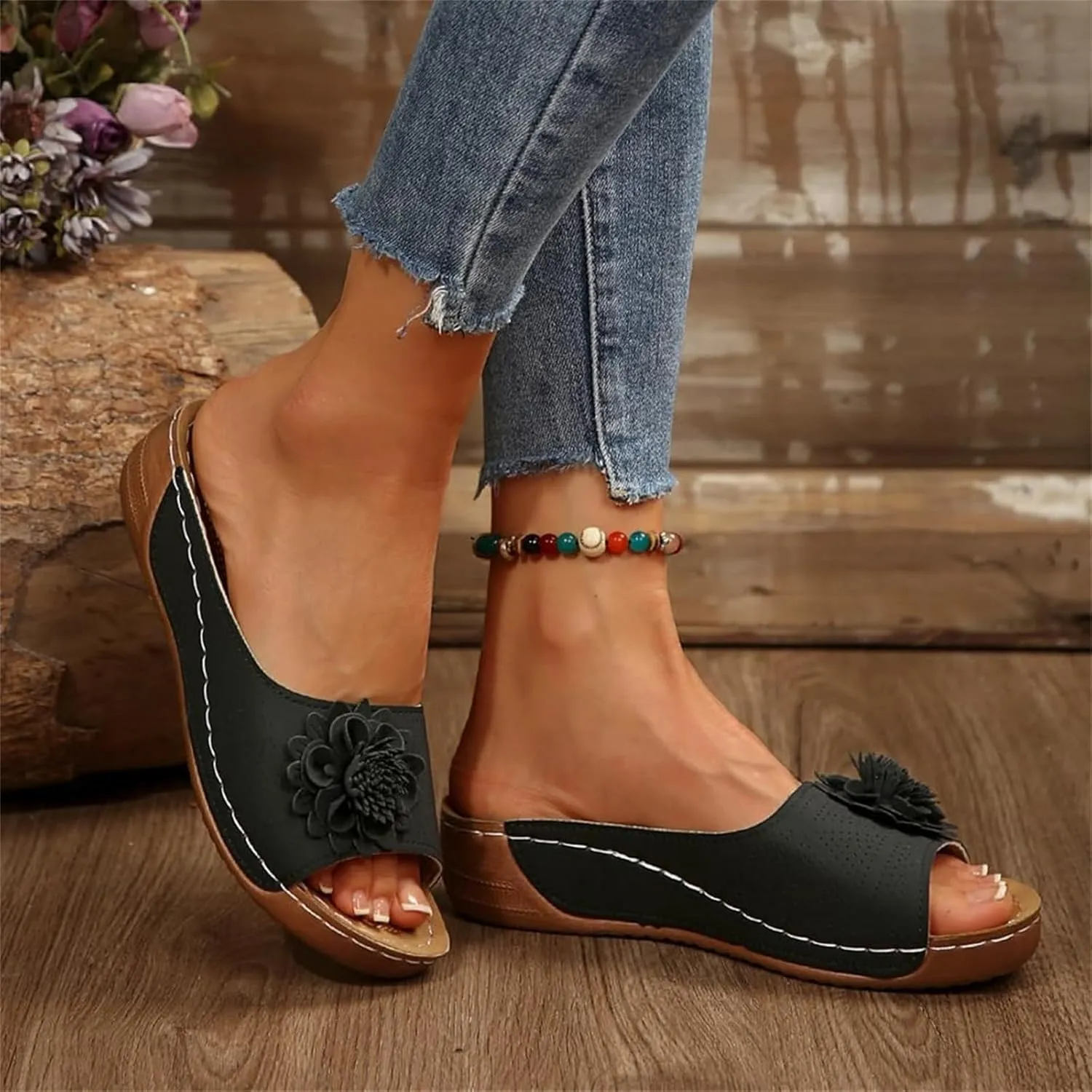 Chic Flowers Orthopedic Sandals for Women Arch Support Fish Mouth Open Toe Leather Slippers Wedge Platform Sandal