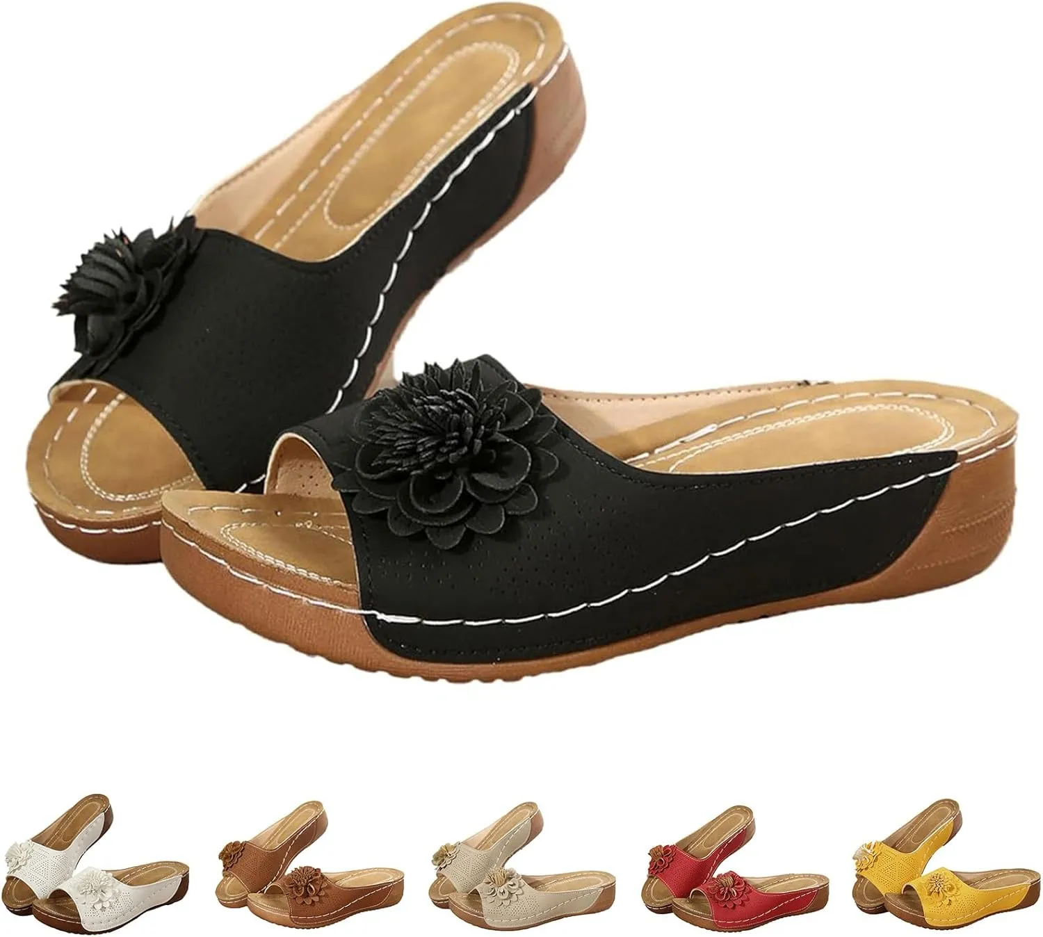 Chic Flowers Orthopedic Sandals for Women Arch Support Fish Mouth Open Toe Leather Slippers Wedge Platform Sandal