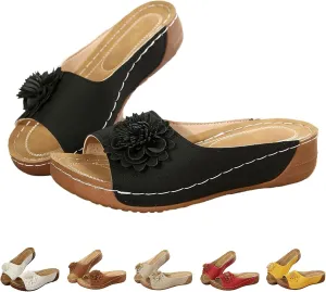 Chic Flowers Orthopedic Sandals for Women Arch Support Fish Mouth Open Toe Leather Slippers Wedge Platform Sandal