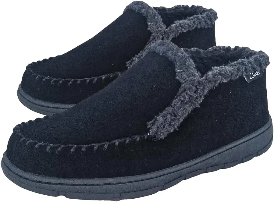 Clarks Men's Suede Leather Sherpa Lined Ankle Bootie Slippers, JMH1952- Indoor/Outdoor Slip-Ons - Comfy & Durable Ankle Boots with Plush Lining Padded Insole & Gripped Rubber Outsoles (11 M US, Black)